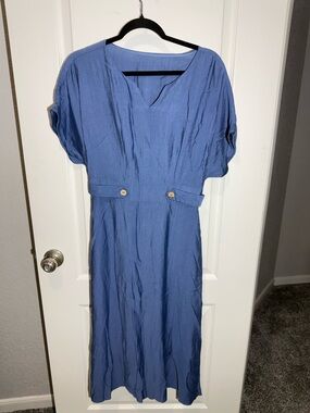Women's Blue Denim Midi Dress with Buttoned Waist A-Line With Pockets Stretch